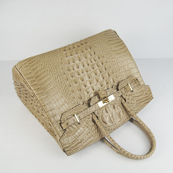 High Quality Fake Hermes Birkin 35CM Crocodile Head Veins Leather Bag Apricot 6089